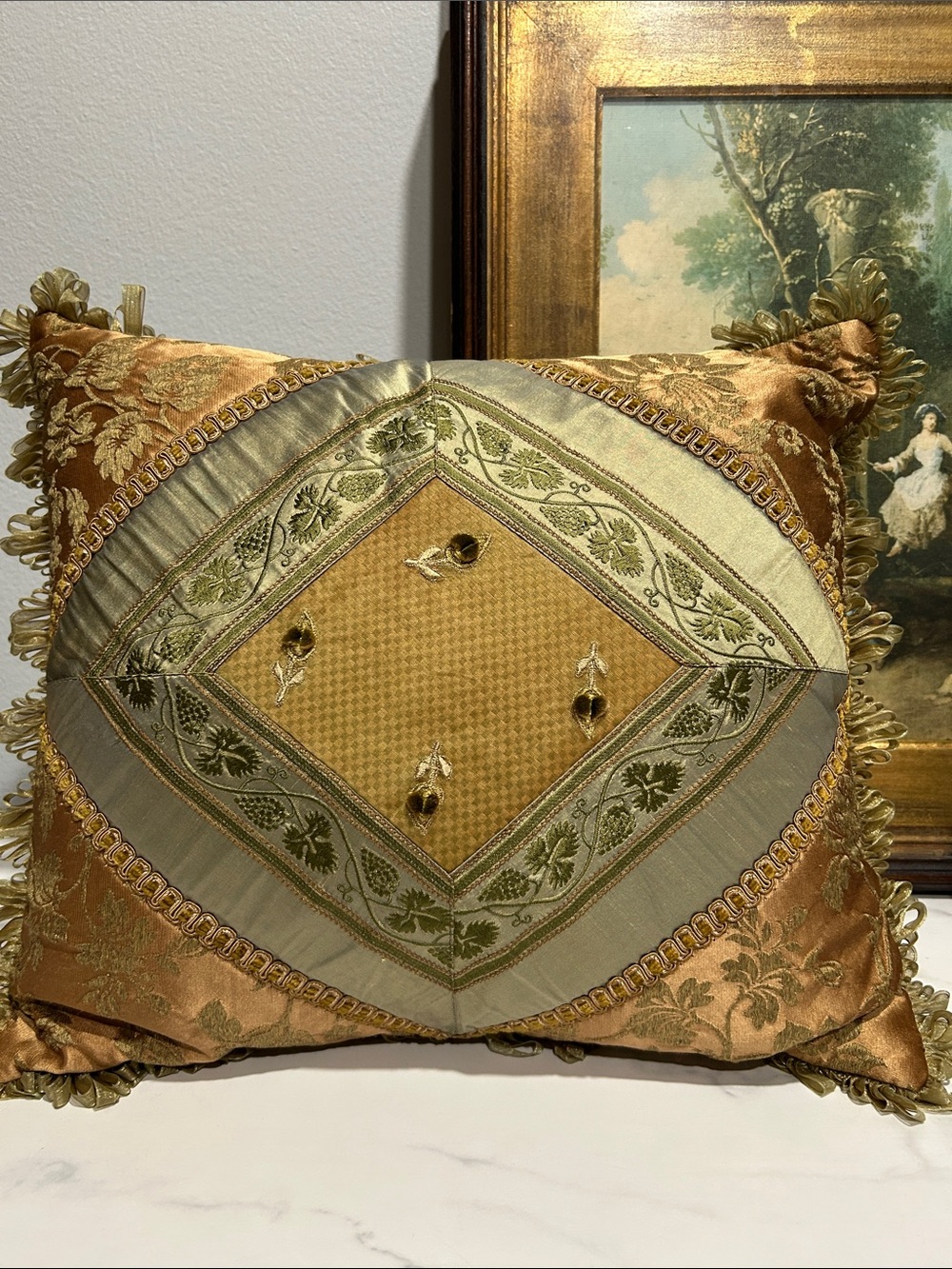 Ornate Gold and Sage Embroidered Accent Pillow